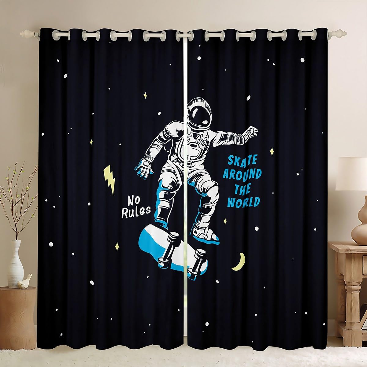 Homemissing Cartoon Astronaut Curtains for Bedroom Living Room Kids Galaxy Planets 30%-50% Blackout Curtains Boys Girls Solar System Darkening Drapes Space Window Treatments Black W46*L72