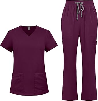 VIAOLI Womens Medical Scrubs Set - V-Neck Top with Pants, Multiple Pockets, Adjustable Drawstring, 10 colors