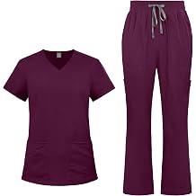 VIAOLI Womens Medical Scrubs Set - V-Neck Top with Pants, Multiple Pockets, Adjustable Drawstring, 10 colors