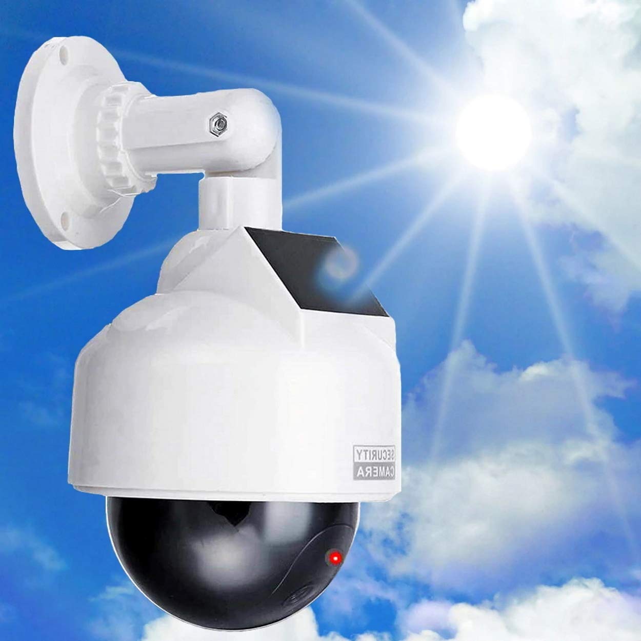 O&W Security Lot de 2 caméras factice de Surveillance solaires Professionnelles Speed Dome - avec Objectif, câble et LED Clignotantes