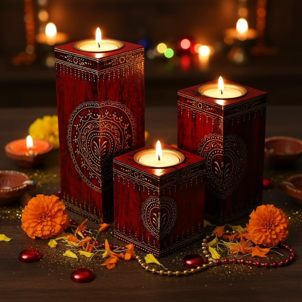 Rustic Wooden Tealight Holders - Set of 3 -1