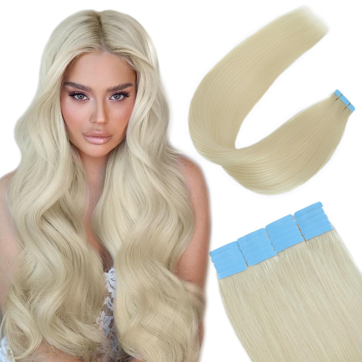 14 Inch Tape In Hair Extensions Real Human Hair #60 Platinum Blonde Tape ins Hair Extensions Seamless Skin Weft Invisible Tape in Extensions (40g