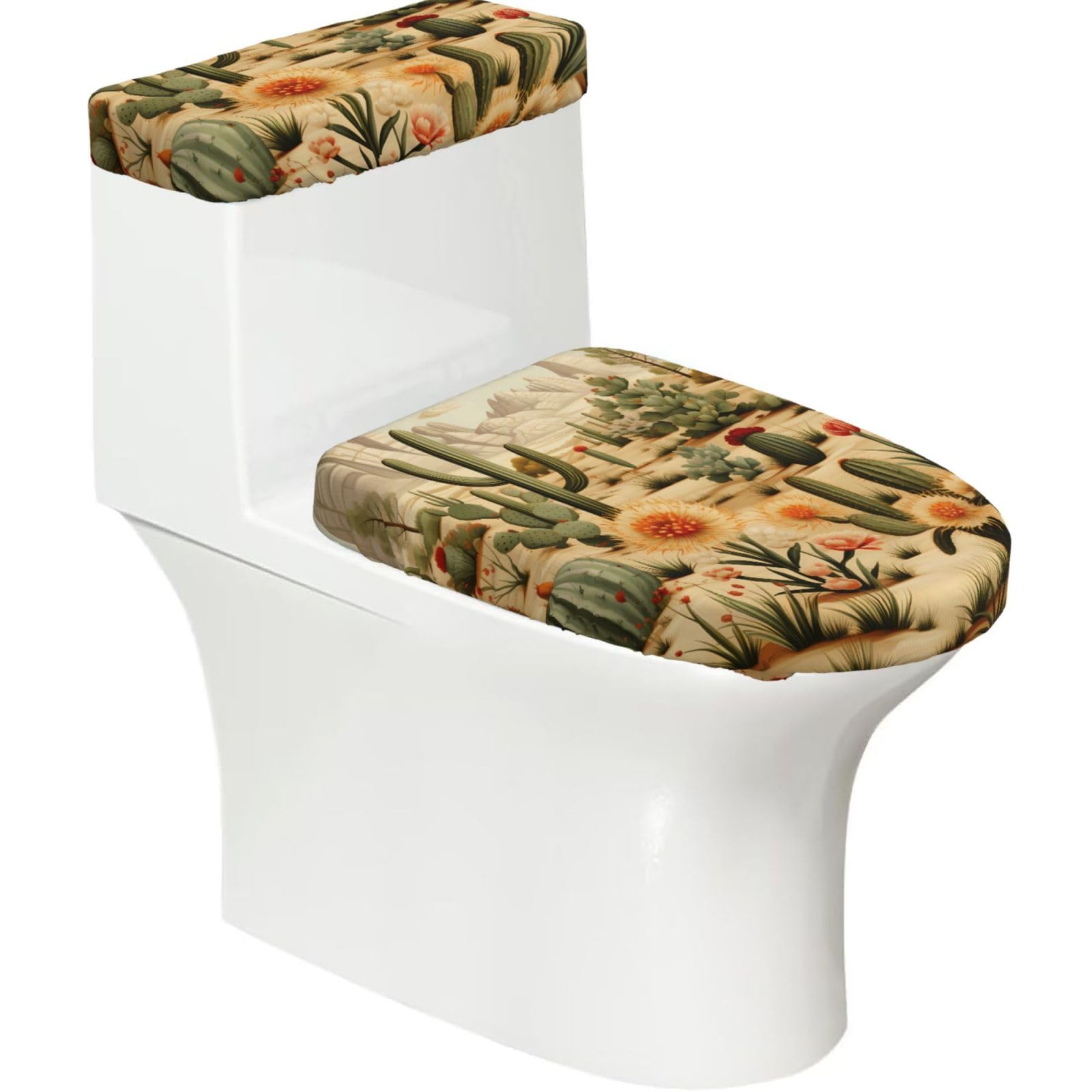 Fekiloot Black Cactus And Other Patterns Toilet Lid Cover And Toilet Tank Cover Set Of 2,Dust Splash Resistant Toilet Top Covers Soft Washable Toilet Lid Seat Cover For Bathroom Office Home Decor