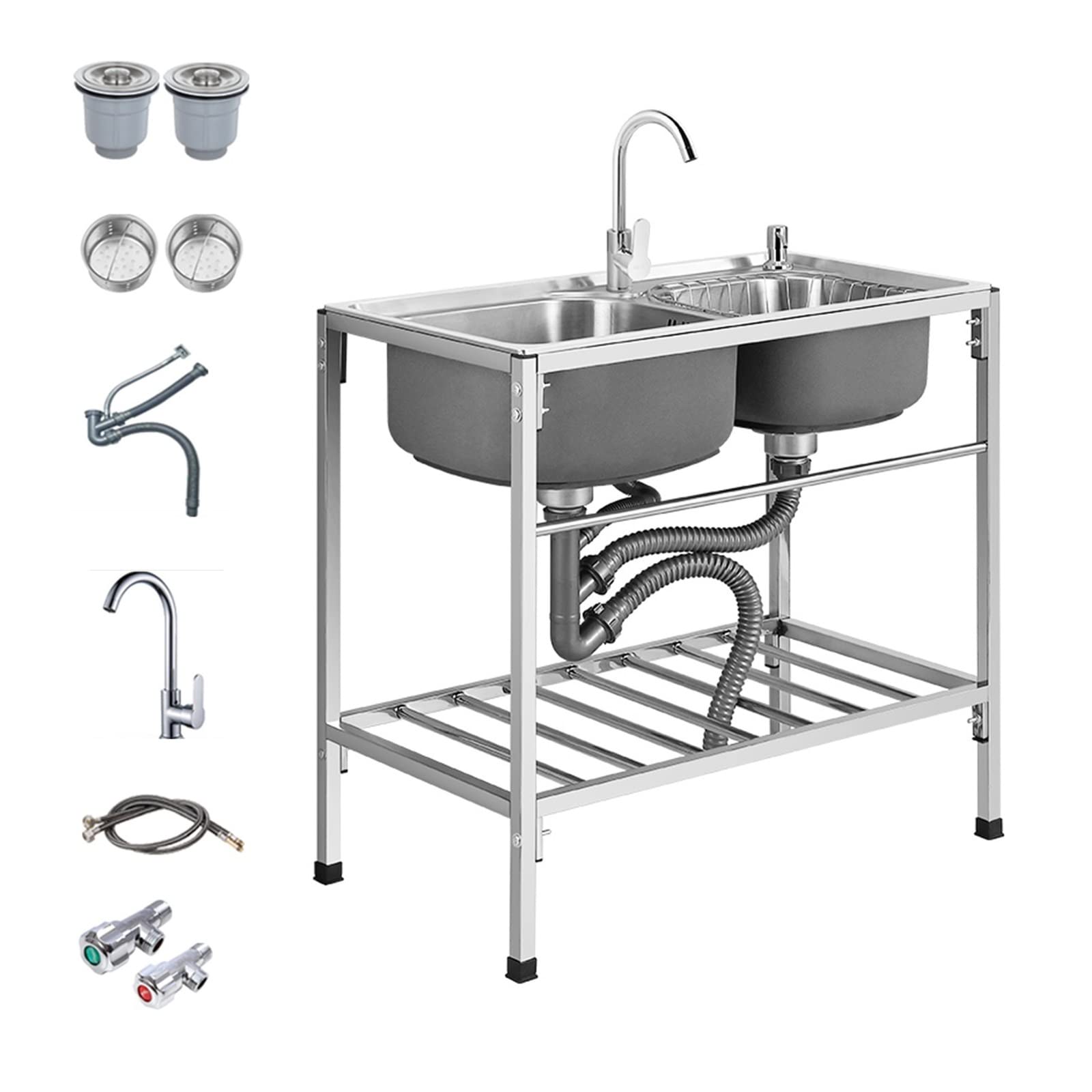 Évier de jardin extérieur en inox 304 pour aménager votre cuisine d'été avec rangement