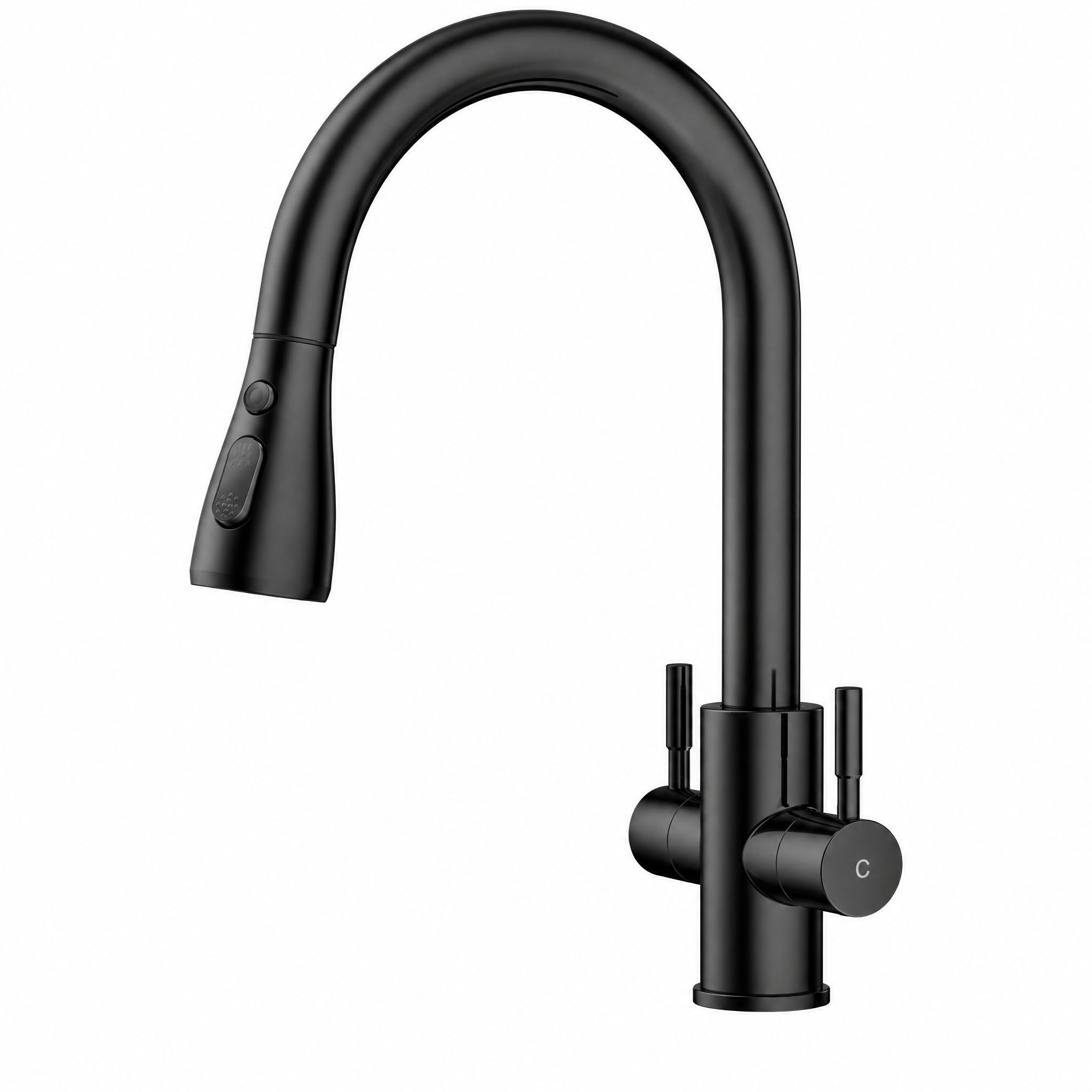 FORIOUS Kitchen Mixer Tap, Monobloc Dual Lever Sink Mixer Tap 1 Hole with Dual Lever 360 Swivel 3 Way Kitchen Faucet, Matte Black