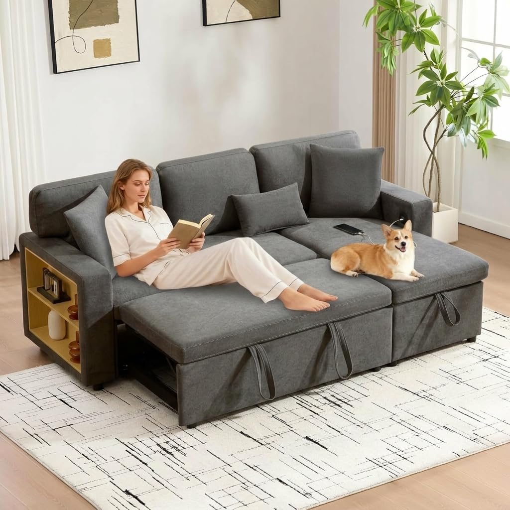 Canape Dangle Convertible, Canapé Modulable avec Rangement, Canapé Lit 3 Places Convertible – Canapé d'angle Convertible avec Canapé-Lit Gigogne, Port USB, Coussins,Gris