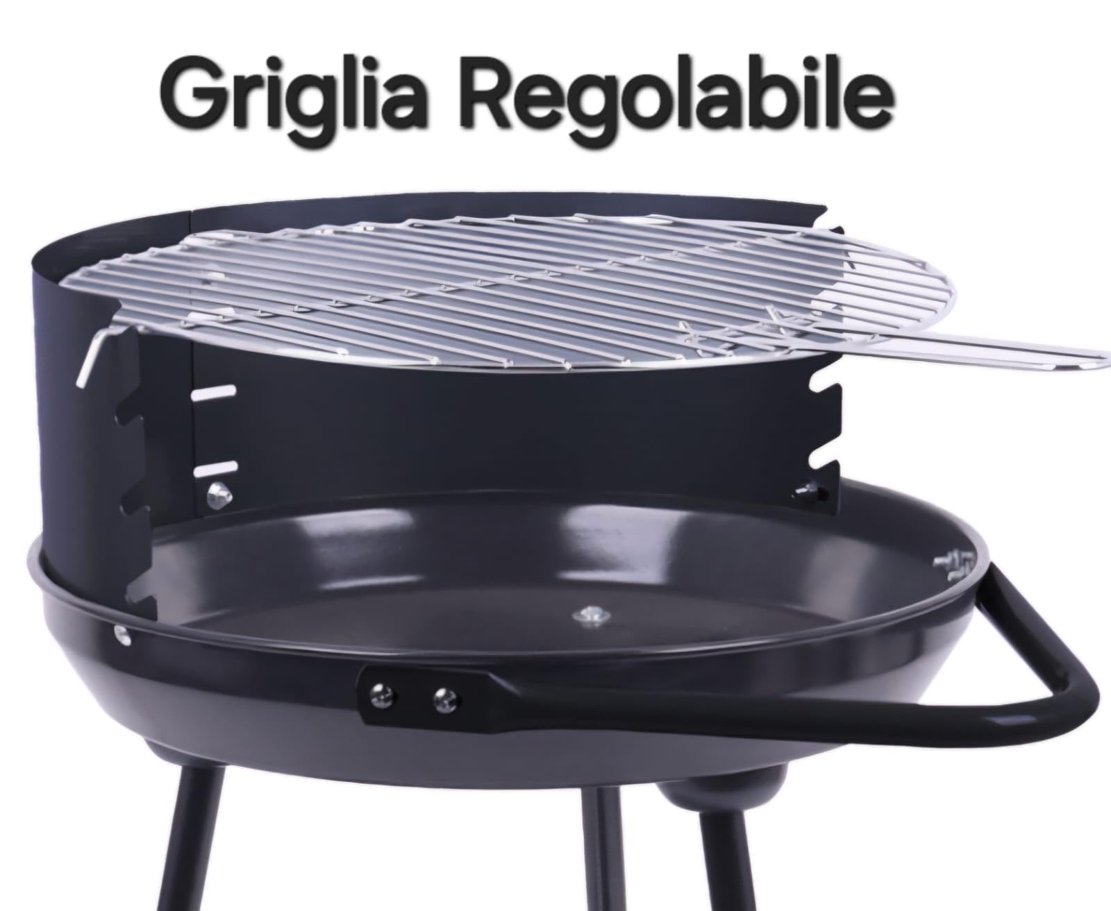 Barbecue Rotondo BBQ con Ruote Empotec da Esterno Griglia Cromata 42 x 77cm Regolabile 3 altezze Maniglia Grande Piano Inferiore 3 Gambe Ripiano D'Appoggio Cottura Grill Paravento Alto 15cm