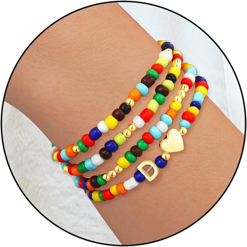 4PCS Initial Colorful Beaded Bracelets Initial Bracelets for Teen Girls Initial Colorful Beaded Bracelets Set Summer Boho Y2K Bohemian Stackable Letter A-Z Stretch Bracelets Birthday Jewelry Gifts(D)