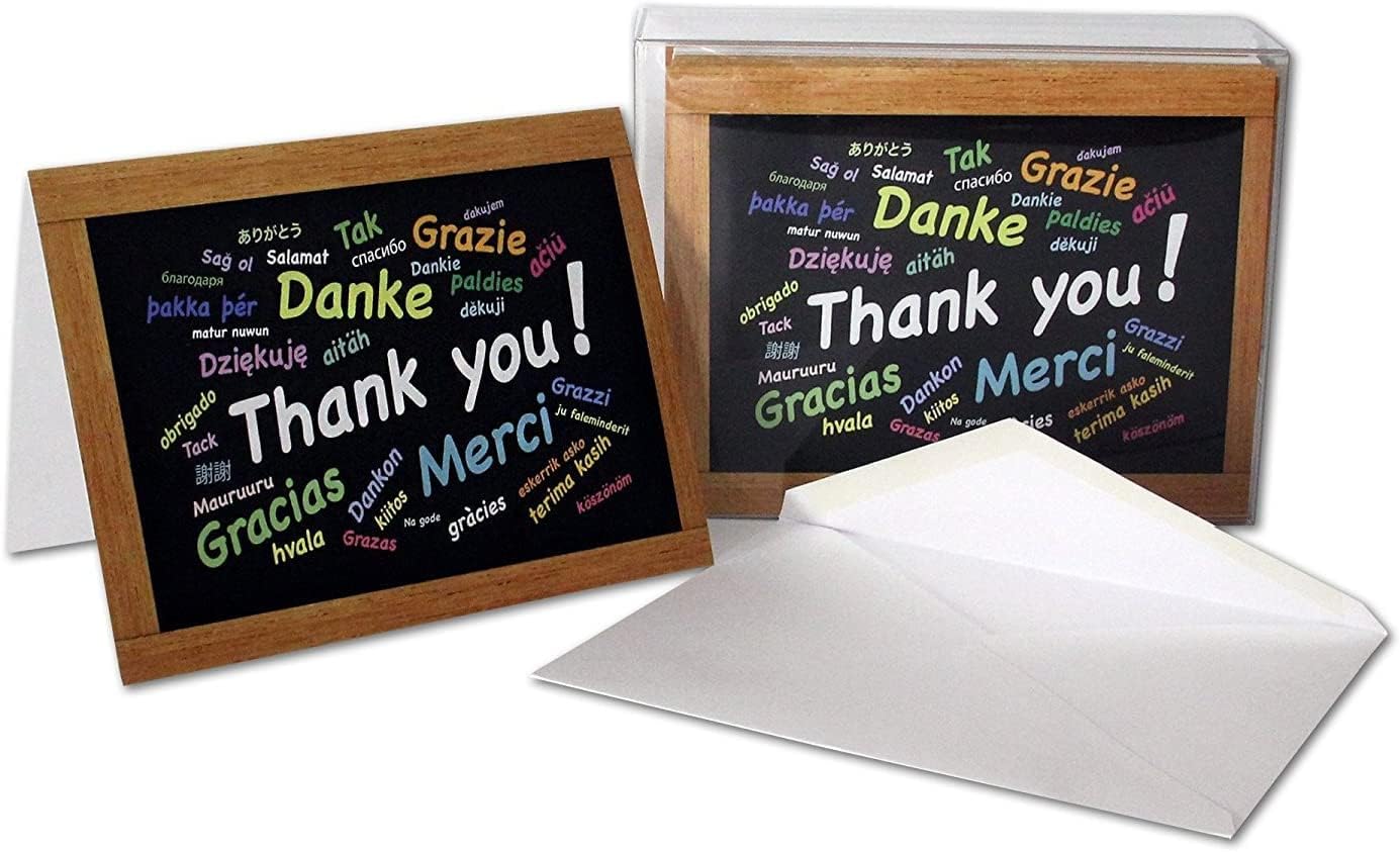 Small World Greetings Multilingual Thank You Cards 12 Pack – Gracias, Merci, Danke & 30+ Languages, Chalkboard Design, Blank Inside with Envelopes – A2 Size (5.5"x4.25") – ESL Teacher Gift