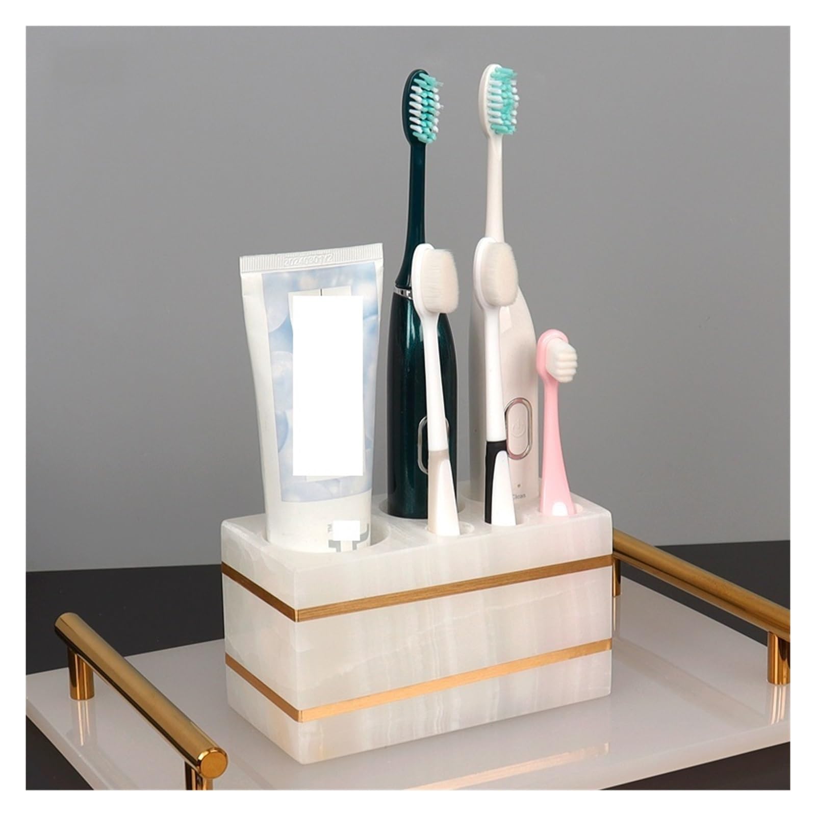 Set Dispensador Jabon Baño Accesorios de baño de mármol natural blanco, dispensador de jabón dorado de lujo, soporte for cepillo de dientes, juego de bandeja for jabonera for baño(Cotton swab can B)