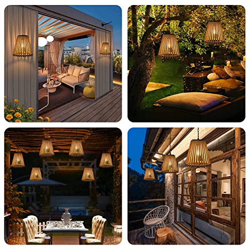 Livinlarge Bamboo Lantern Outdoor Waterproof Solar Chandelier, Rattan Decorative Lights For Farmhouse And Porch, Handmade Bamboo Woven Hanging Pendant Lamp, Nordic And Boho Style. #TOP3