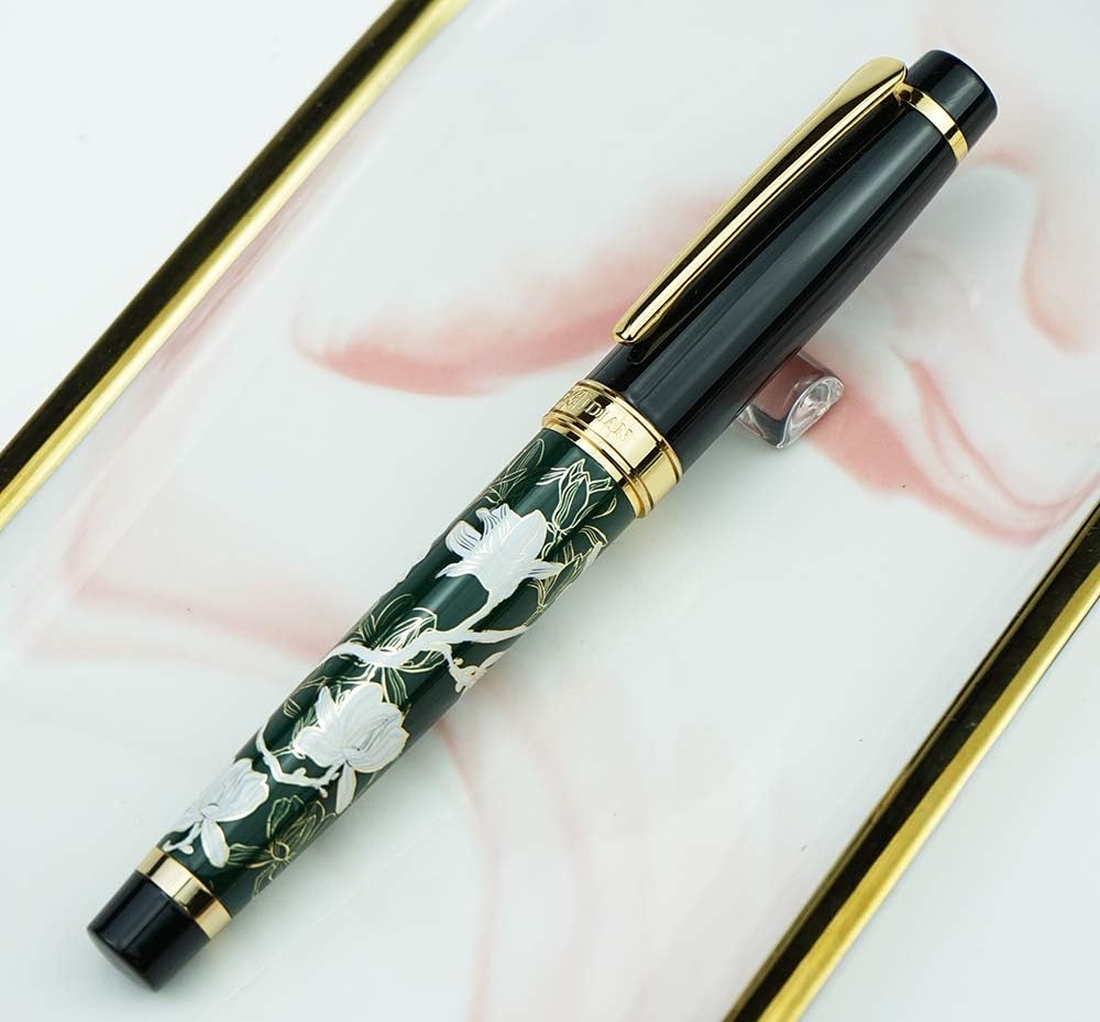 Hongdian Hand-Drawing Flower Metal Fountain Pen Extra Fine Nib, Green Collection Writing Pen