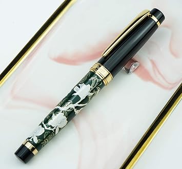 Hongdian Hand-Drawing Flower Metal Fountain Pen Extra Fine Nib, Green Collection Writing Pen