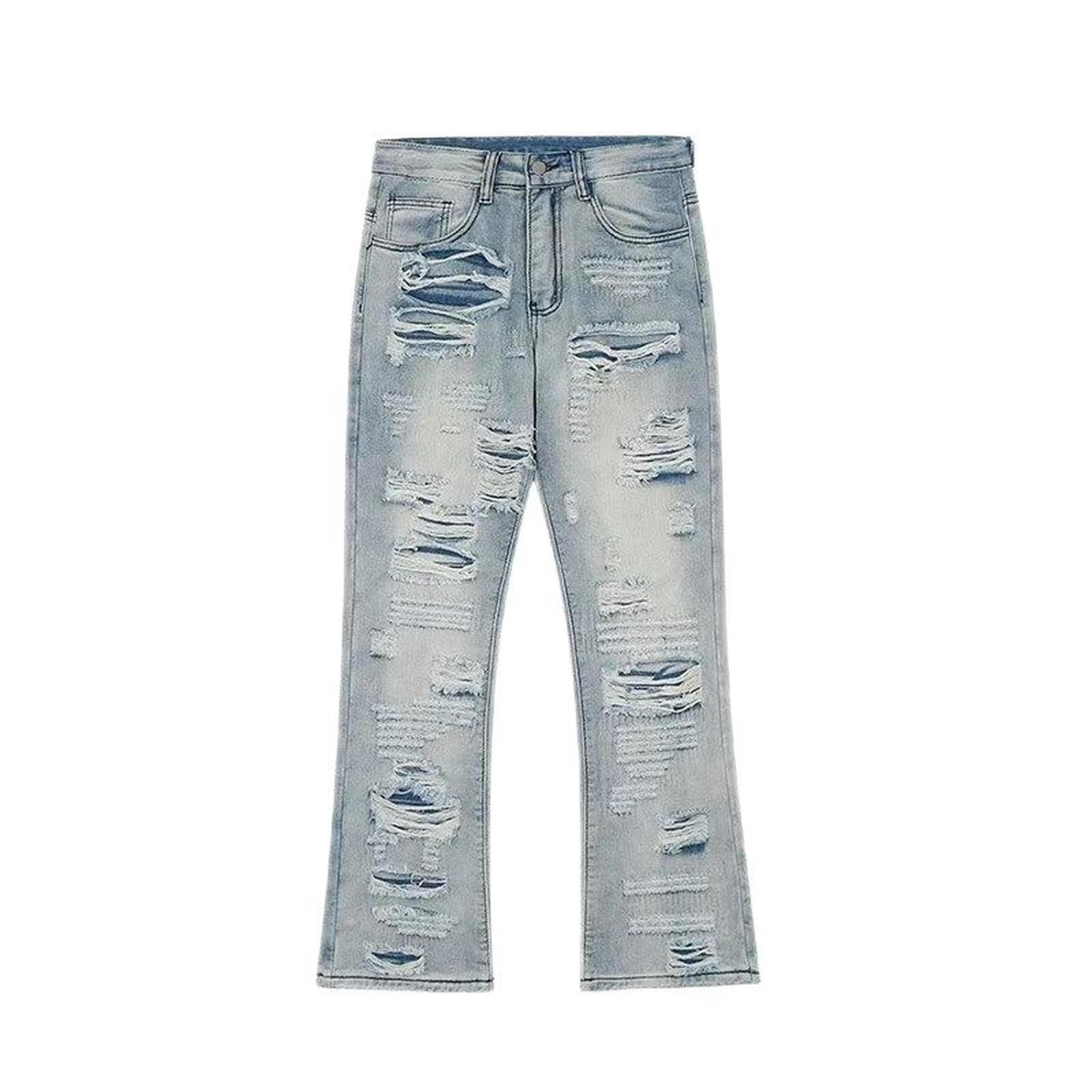 Jeans denim extensible rayé et délavé horizontal style rétro américain décontracté