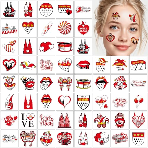 60pcs Köln Tattoos Karneval, Bügelbilder und Gesicht Sticker Karneval Köln, Temporäre...