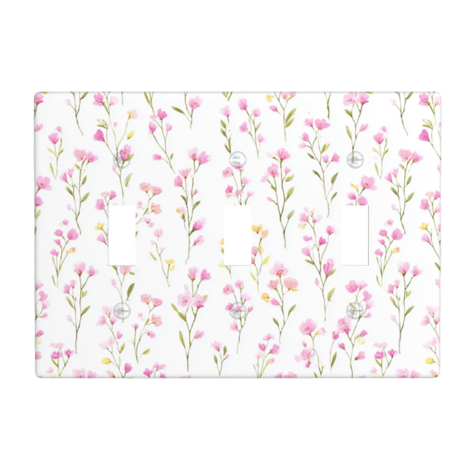 Woshuwo White Tiny Watercolor Wildflowers Pink Flower Light Switch Covers 3 Gang Triple Toggle Wall Plate Switchplate Electrical Faceplate For Bathroom Kitchen Bedroom Decor