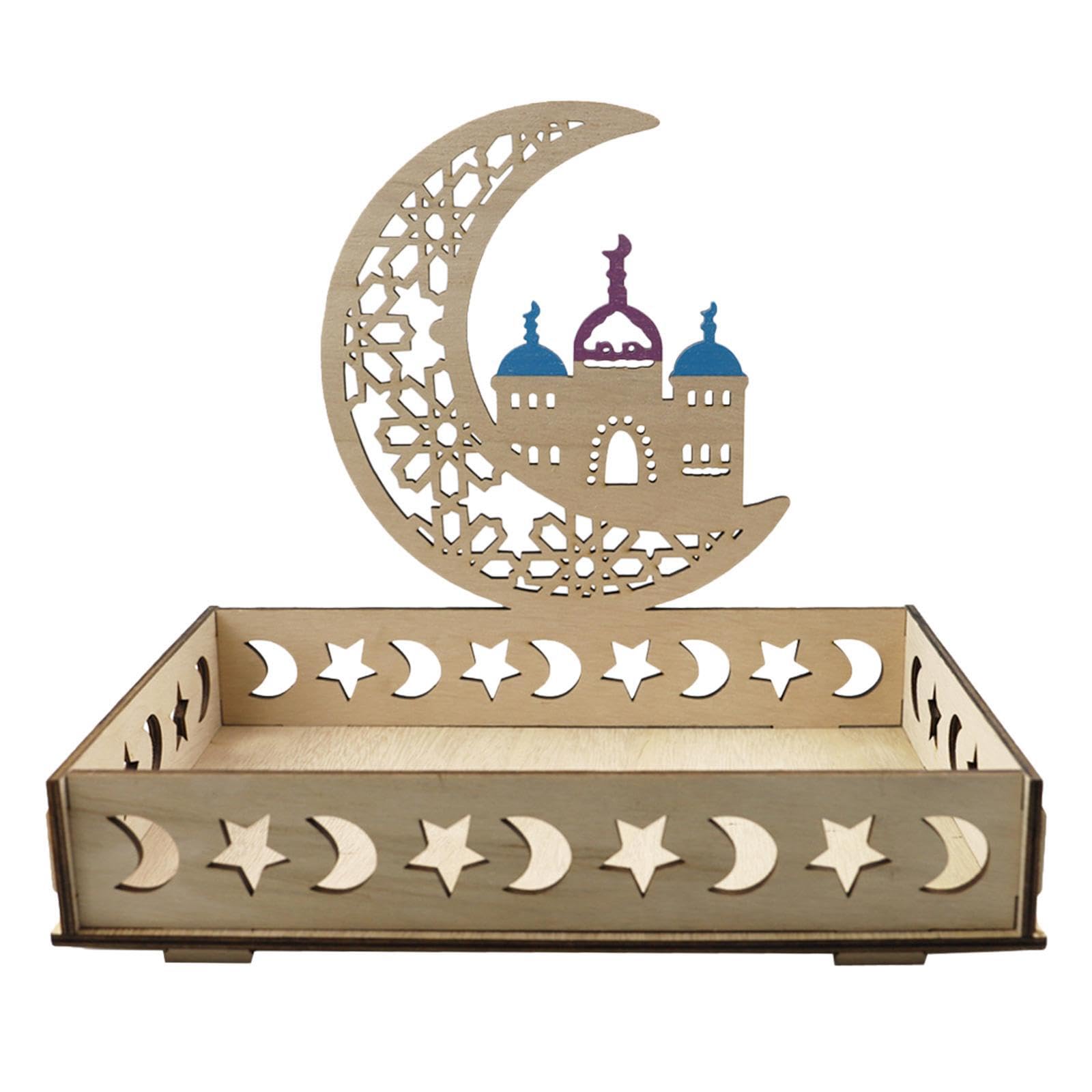 AMSLSIU Ramadan Wooden Tray Eid Plates For Home Stylish Wooden Tray Adorned With Timeless Moon And Star Images Eid Mubarak Party Serving Tableware