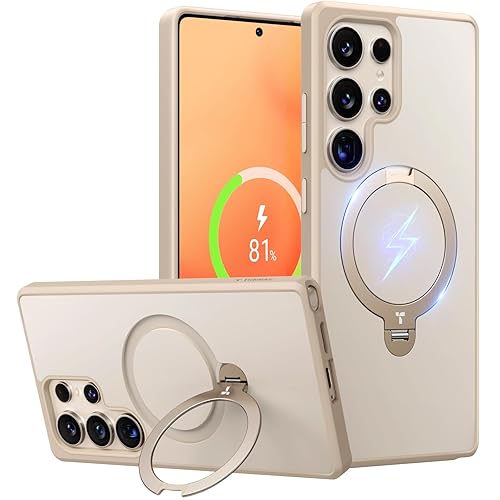 TORRAS 360° Spin Magnetic Stand for Samsung Galaxy S25 Ultra Case Beige Gold, Fit for Magsafe, Military Grade Slim Protective S25 Ultra Case with Kickstand Rotatable, Ostand Spin, Aesthetic Dune - Beige Gold - S25 Ultra