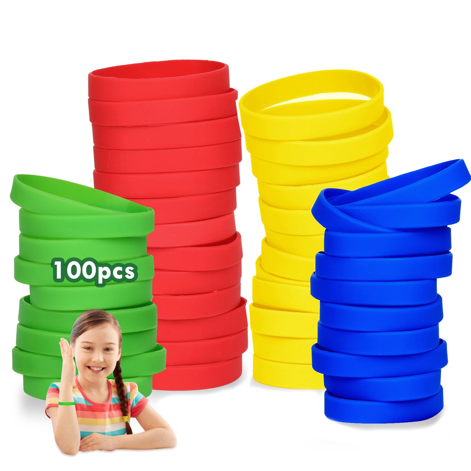 THXIY 7'' Silicone Wristbands for Kids Teens, Sports Wholesale Rubber Bracelets for Events, Party Teacher Supplies Boys Gilrs Education Activities (mixed color, 100PCS) — image 1