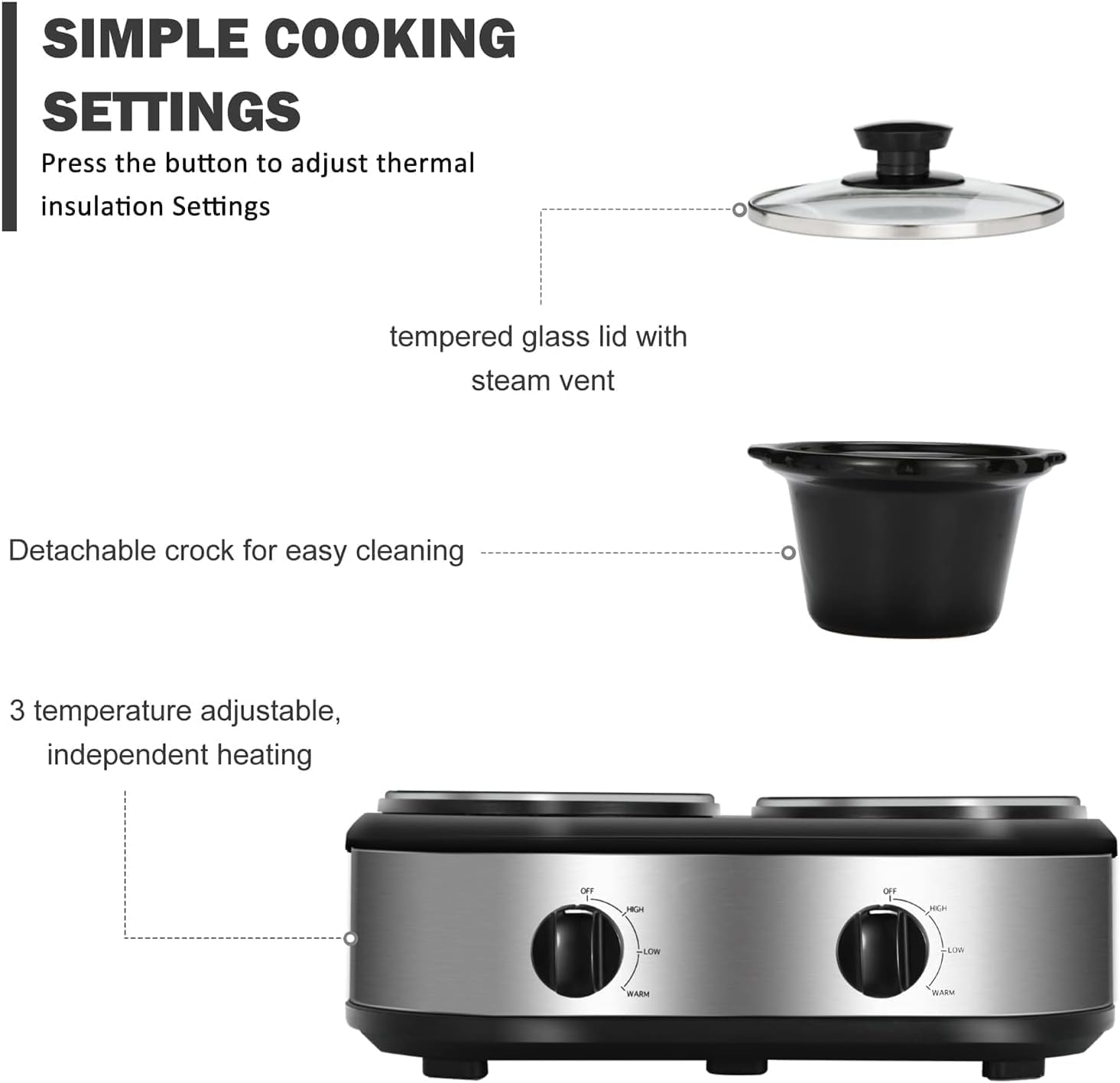 Double Slow Cooker, 2 X 1.25QT Dual Slow Cooker, 3 Cooking Settings, Buffet Servers and Warmers with Ceramic Pot, Dishwasher Safe, Removeable Glass Lid, Stainless Steel