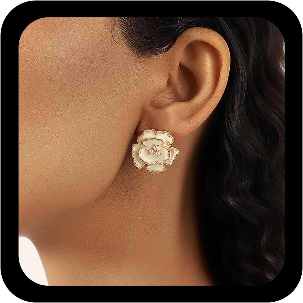 Boho Pearl Floral Stud Earrings White Enamel Flower Earrings Resin Flower Stud Earring Camellia Floral Earring Wedding Prom Jewelry for Women