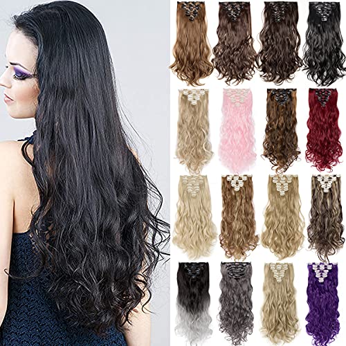 S-noilite Long Natural 24 Inch(61cm) Curly 170g 8 Pieces Full Head Clip in Hair Extensions for Girl Lady Women(24inch-curly, dark black)…