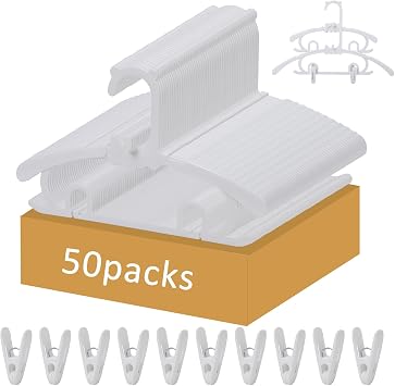 50 Pack Plastic Hangers with 16 Clips 11-15 inch Adjustable Hanger White | Durable & Non-Slip Space Saving Coat Hangers for Pants, Jackets and Dress
