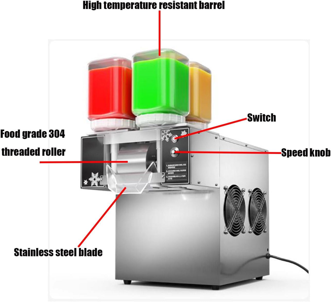 with Rainbow Four-Barrel Shaved Ice Machine,Stainless Steel Snowflake Ice Machine,Ice Cream Refrigeration Equipment,Ice Crush Machine,for Commercial/Home 124FD
