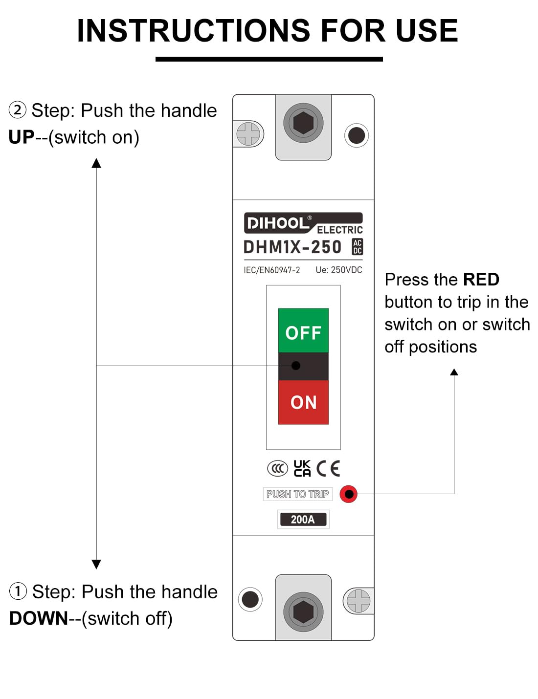 DIHOOL 200 Amp DC Breaker, 240V Battery Disconnect Switch, Thermal Magnetic Trip for Main Power Station Solar System, UPS