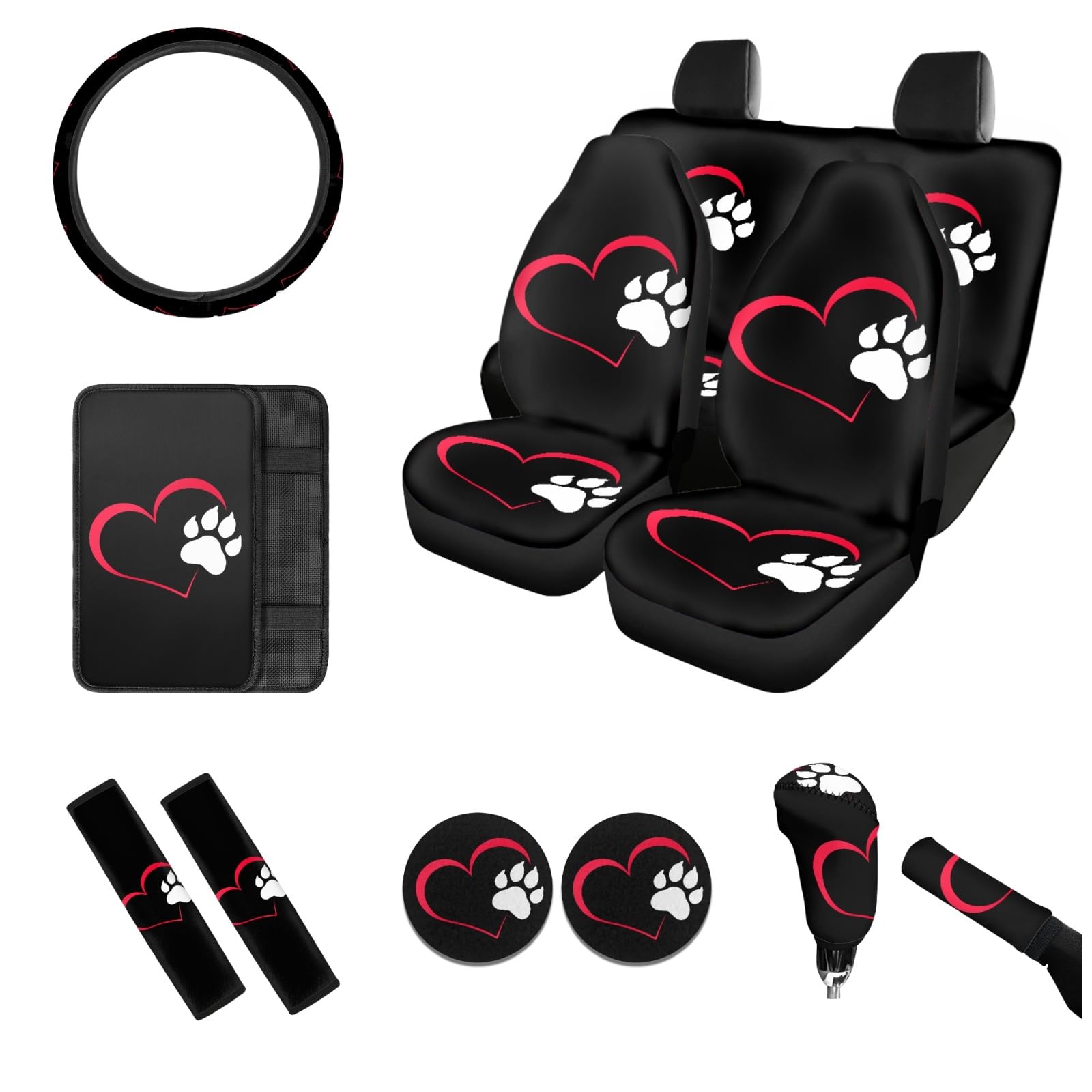 Suhoaziia 12 Pcs Dog Paw Heart Red Car Seat Covers Full Set, Car Seat Covers Front and Rear Seat Covers Steering Wheel Cover Coasters Seat Belt Pads
