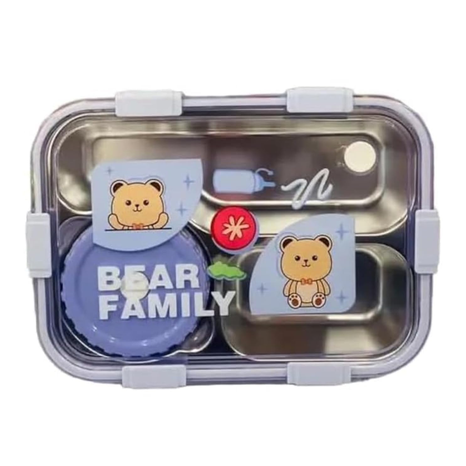 Bear Family 3-Compartment Stainless Steel Lunch Box, Leak-Proof, BPA-Free 304 Food-Grade, Lunch Box for School, Office & Kids, with Spoon & Chopsticks (Purple, Bear Family Lunch Box)-image-28