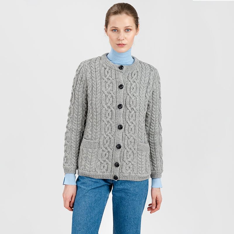 Image of SAOL 100% Merino Wool Ladies Irish Buttons Knit Cardigan Lumber Jacket with Pockets