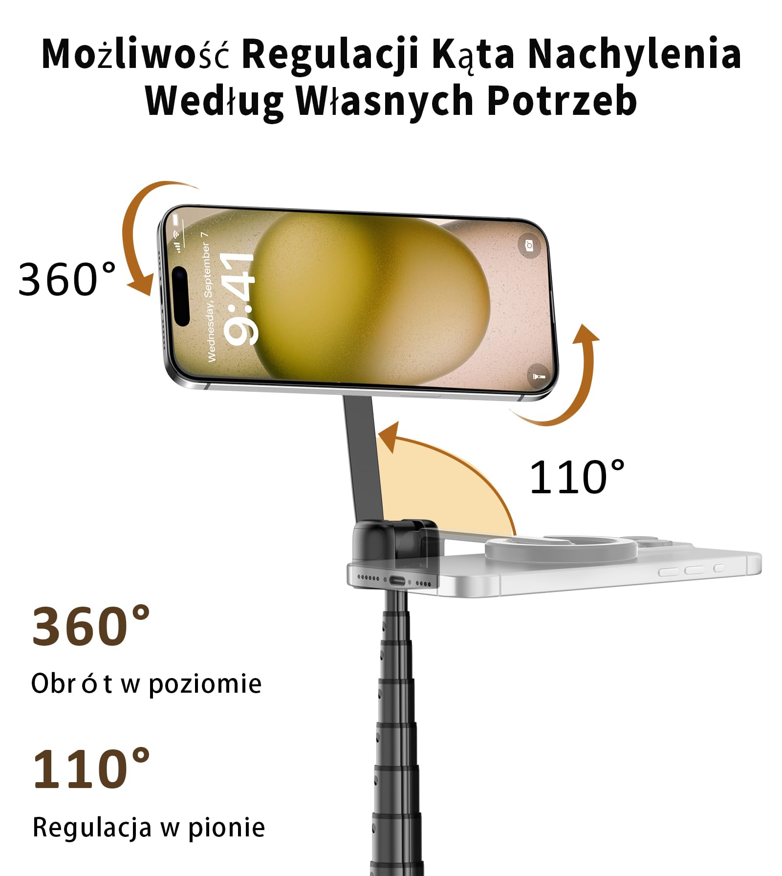 TONEOF 173cm Magnetyczny statyw do selfie, mocny magnetyczny uchwyt aluminiowy do Magsafe, obrót o 360°, wysuwany statyw z pilotem, przenośny statyw do telefonu komórkowego–Czarny Fioletowy