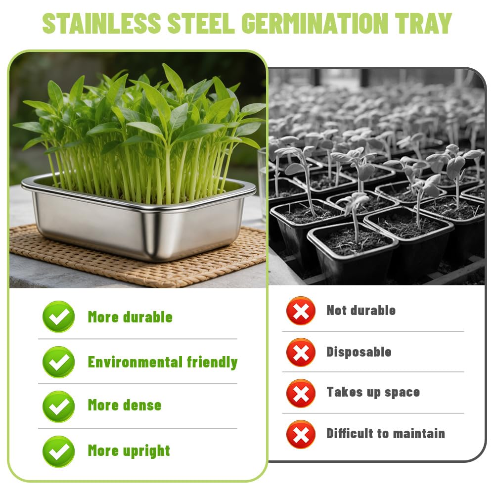 Lot de 2 Germoirs en Acier Inoxydable 26 x 19 cm, Plateau de Germination 2 en 1 pour Graines et Microgreens, Bac à Germes Réutilisable Passe au Lave-Vaisselle, Culture Facile à Domicile
