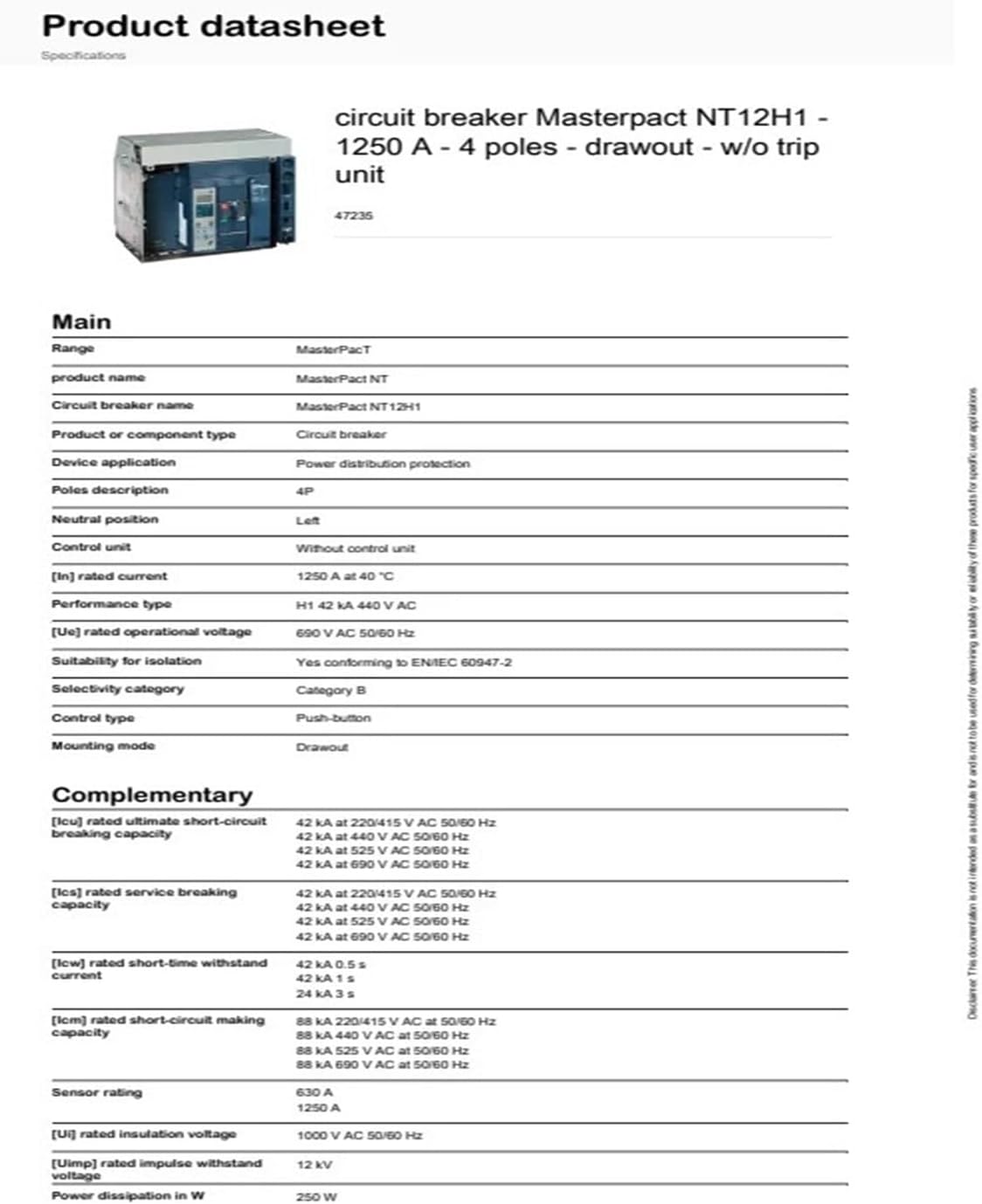 HVGZDQQD Masterpact NT12H1-1250 Air Circuit Breaker Datasheet Page 1