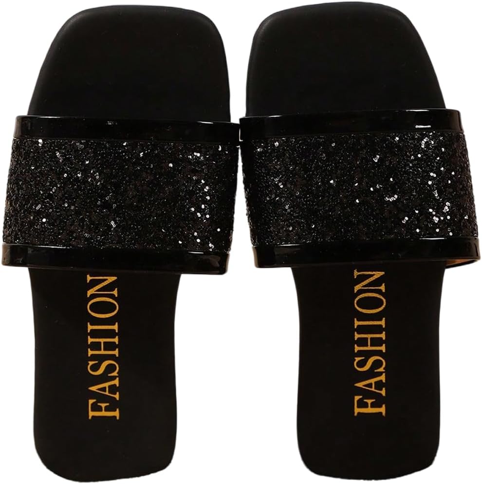 GORGLITTER Girl's Summer Sandals Beach Sparkly Sequin Open Square Toe Flat Sandals Leather Slip on Cute Slides Sandals