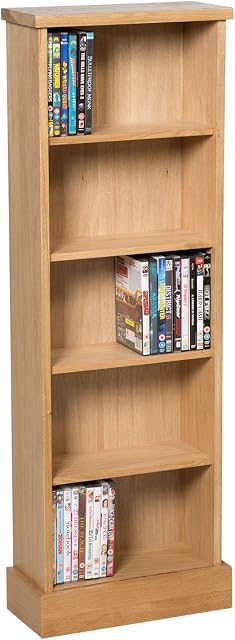 Hallowood Furniture Waverly Oak CD Storage Cabinet in Light Oak Finish  Solid Wooden DVD Storage for 120 DVDs - Bookcase with 5 Shelves for Living Room - Cupboard for Hallway  Fully Assembled Rack