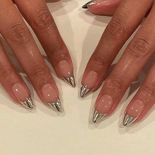 Sliver French Tip Press On Nails Almond - KQueenest Chrome