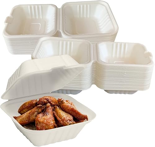 Raj Eco Bagasse - Contenedores para llevar de 6 x 6 pulgadas paquete de 100 recipientes compostables y desechables resistentes para fiestas