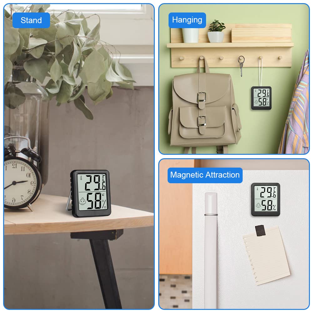 Flintronic Thermometer Hygrometer, 4PCS Digital Mini Thermometer and Hygrometer with Metal Stand, Thermohygrometer with Smile Face Indicating Data for Indoor, Living Room, Baby Room, Office (Black) — view 6