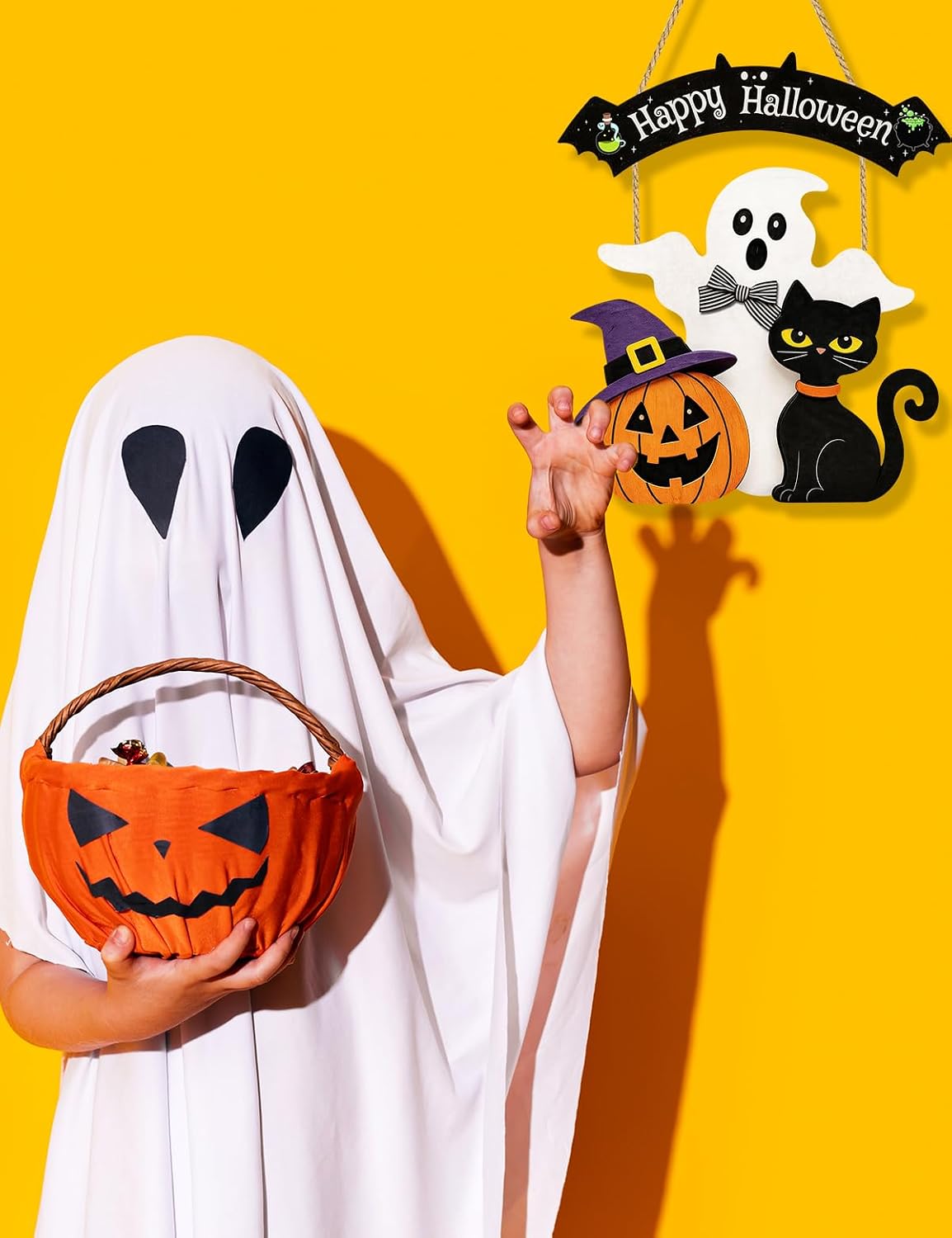 Halloween Wreaths for Front Door Welcome Sign for Happy Halloween Wall Decorations Wooden Boo Ghost Black Cat Pumpkin Hanging Wall Decor Indoor Holiday Decor