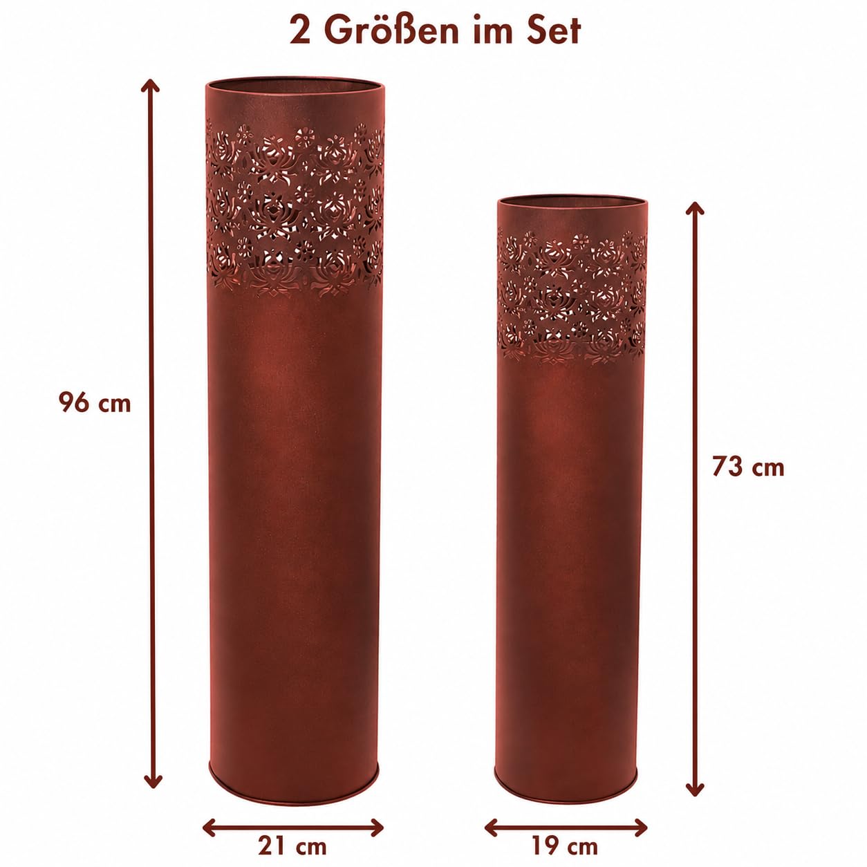 BeFair Dana Große Laternen-Säulen 2er Set Rostoptik mit Glas & Kerzen | 2 Laternen-Säulen in Rostoptik mit Glaszylindern und Kerzen für Garten, Terrasse, Balkon und Wohnbereich