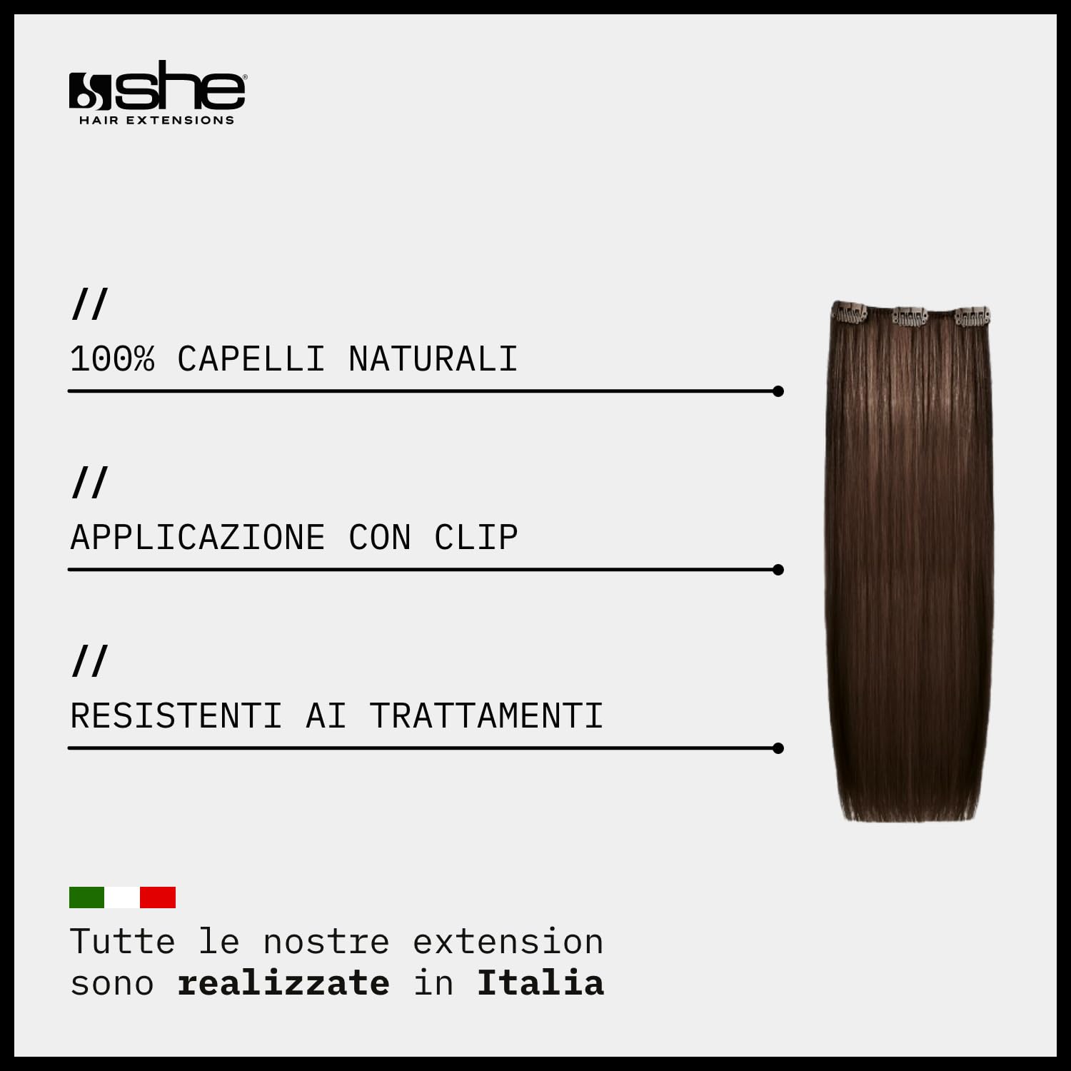 She Easy20 Extension 100% Made in Italy, Applicazione Veloce e Facile a Clip - Set da 3 Pezzi Capelli Veri Lisci - Castano Scuro