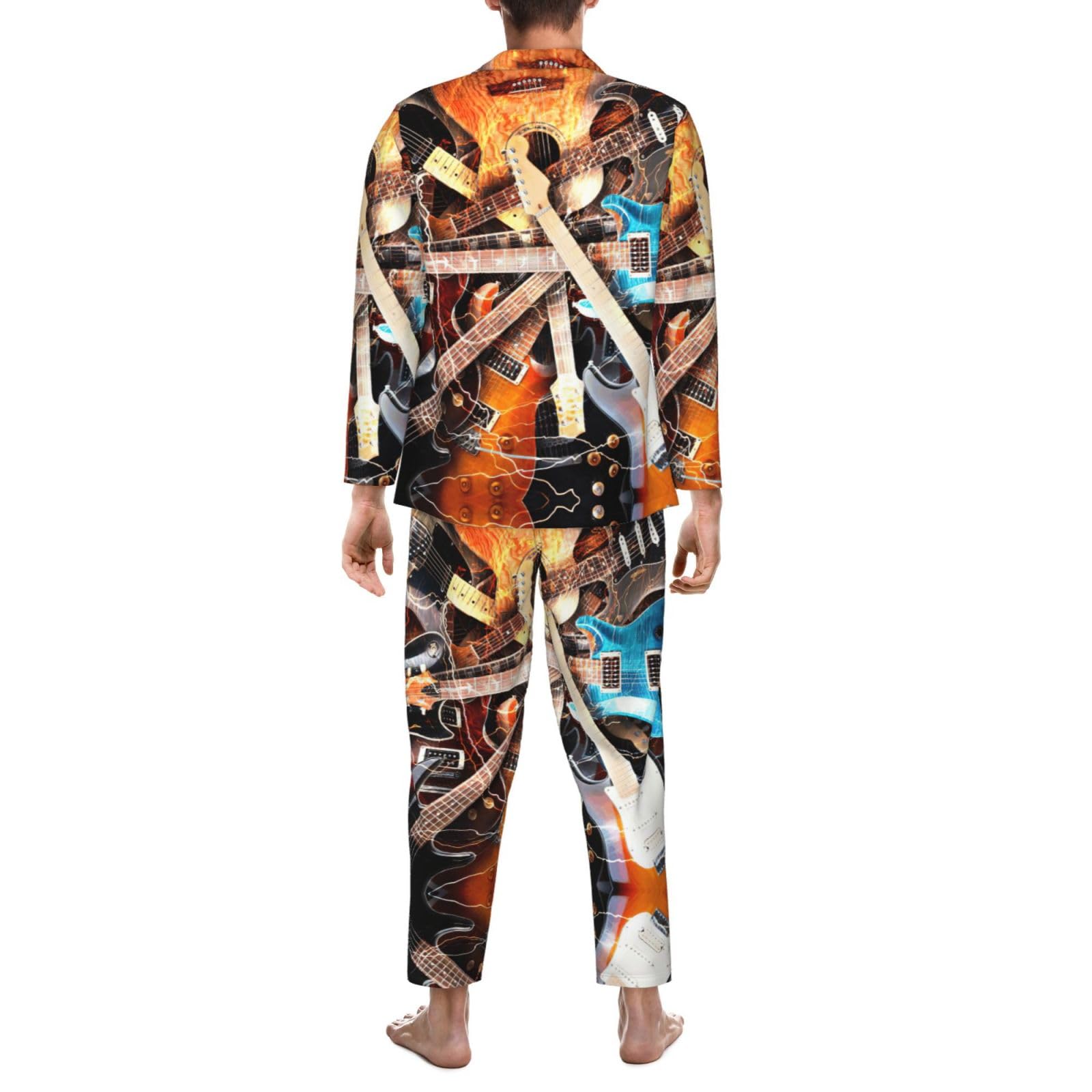 Conjunto de pijama para hombre con estampado de guitarra musical, pijama suave de manga larga con botones y bolsillos