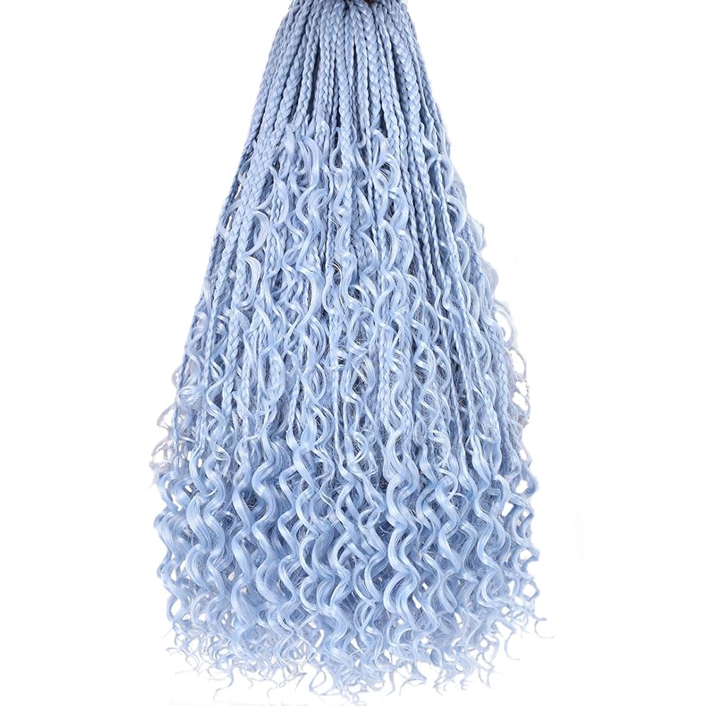 Beverlee 18 Inch Boho Box Braids 8 Packs Goddess Box Braids Crochet Hair Bohemian Hippie Braids Braiding Hair Box Braids with Curly Ends Messy Pre-looped Synthetic Crochet Hair for Women 128 Strands Light Blue