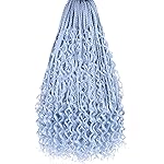 Beverlee 18 Inch Boho Box Braids 8 Packs Goddess Box Braids Crochet Hair Bohemian Hippie Braids Braiding Hair Box Braids with Curly Ends Messy Pre-looped Synthetic Crochet Hair for Women 128 Strands Light Blue