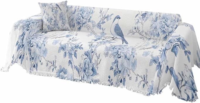 Blue White Flowers Sofa Covers for 3 Cushion Couch, Washable Sectional & L Shape Couch Covers for Dogs/Cats/Kids, Spring Summer Floral Botanical Non Slip Sofa Slipcover Futon Cover 71x150