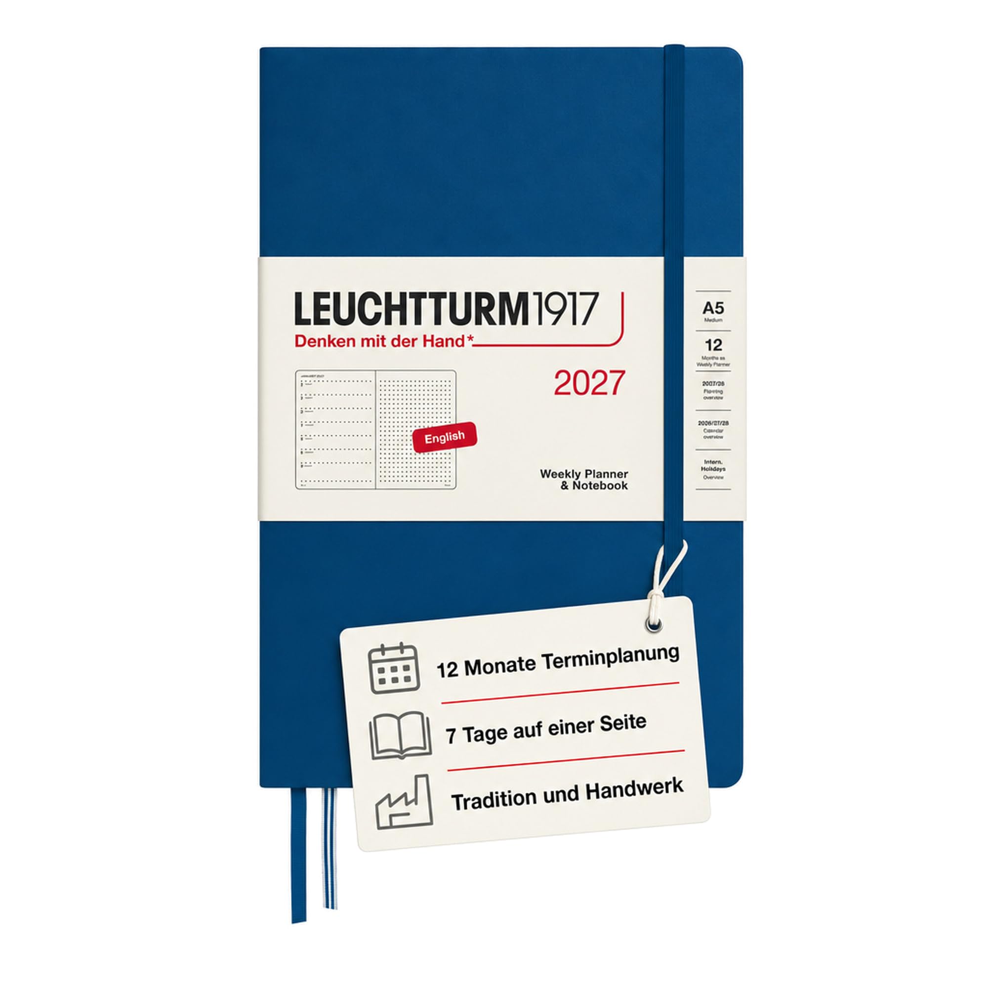 LEUCHTTURM1917 Weekly Planner 2027 Dotted Medium (A5) with Notebook, Dotted - Diary English, Indigo, Hardcover, 145 x 210 mm, January-December 2027, Week to View Left + Note Page Right — image 1