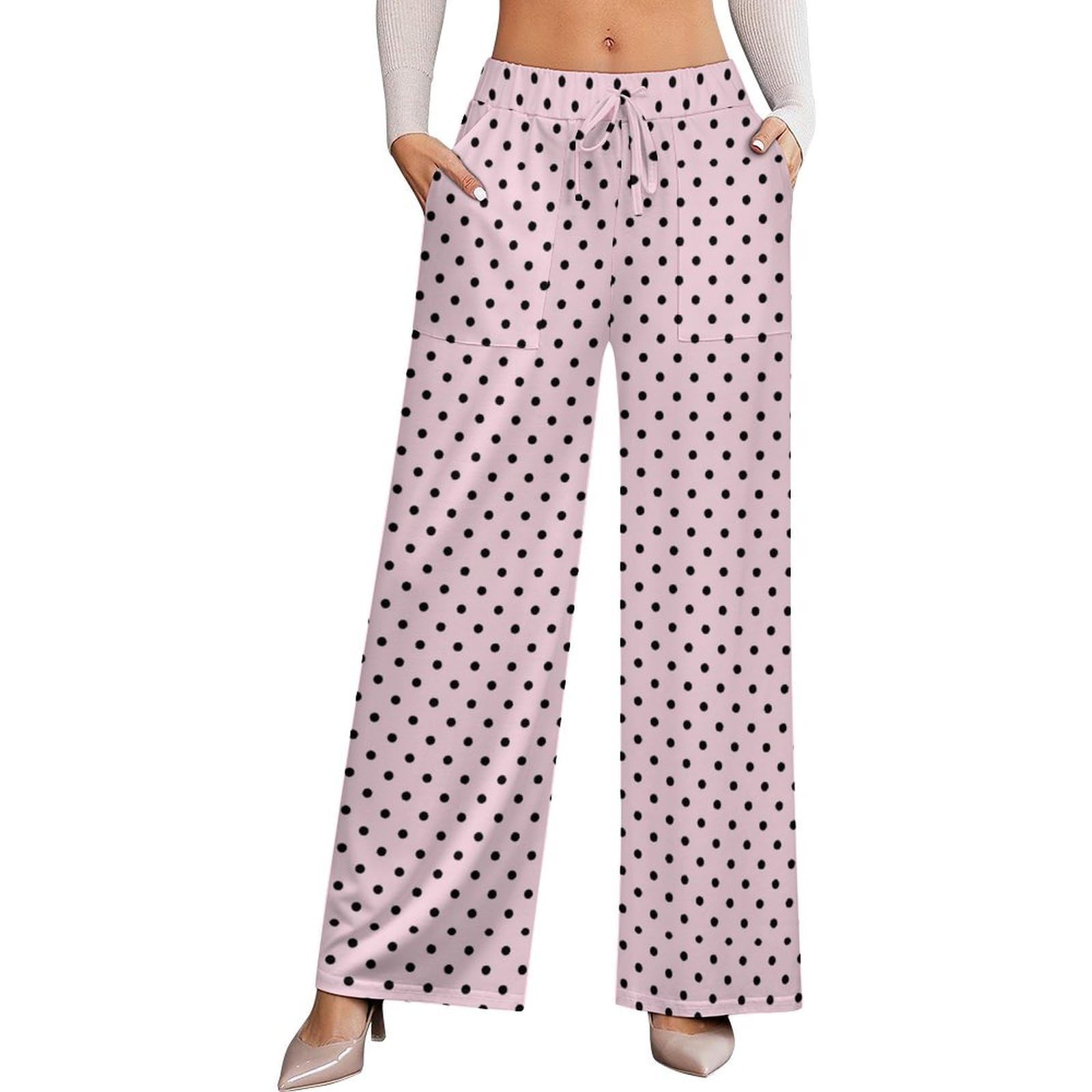 Polkadots Pink Pattern Print Palazzo Pants for Women Flowy Wide Leg Pants for Women Casual Travel Vacation