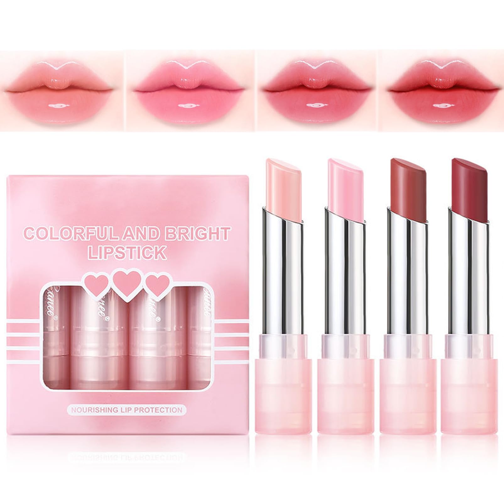 SHEBEEDO Color Changing Lipstick Set 4PCS Long Lasting Lipgloss Set for Women, Pink Lipstick for Teen Girls & Women, Plumping & Hydrating, Long-Lasting, Natural Finish